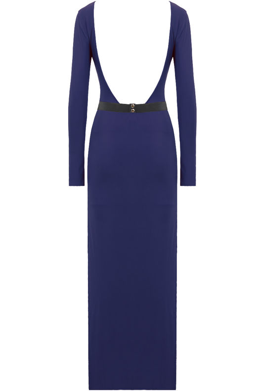 Navy Open Back Belted Leg Slit Celebrity Maxi Dress 