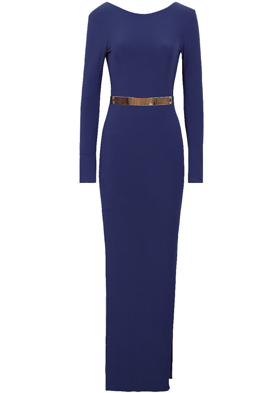 Navy Open Back Belted Leg Slit Celebrity Maxi Dress 