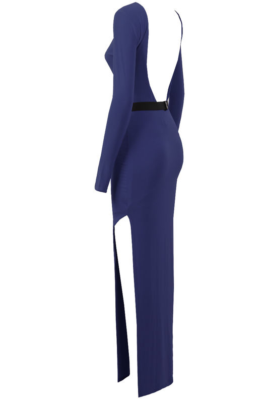 Navy Open Back Belted Leg Slit Celebrity Maxi Dress 