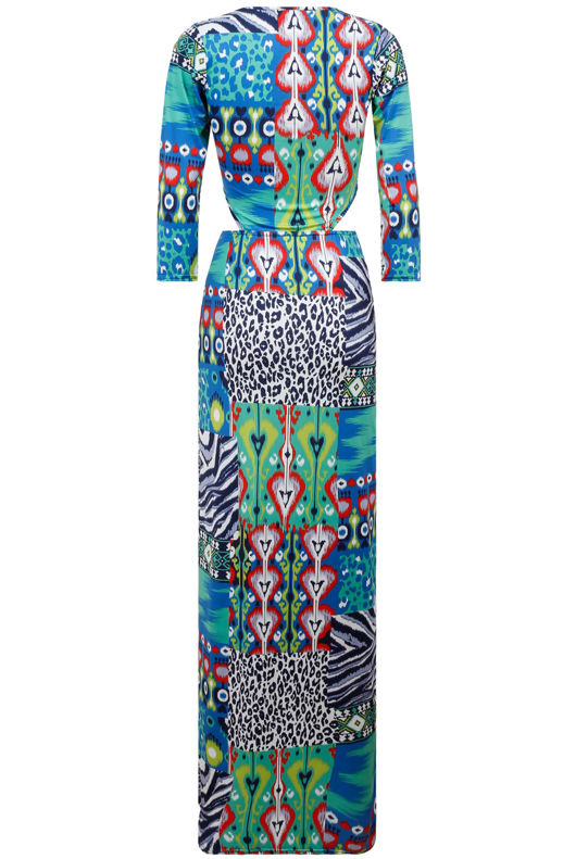 Blue Tropical Animal Print Side Cut Out Maxi Dress