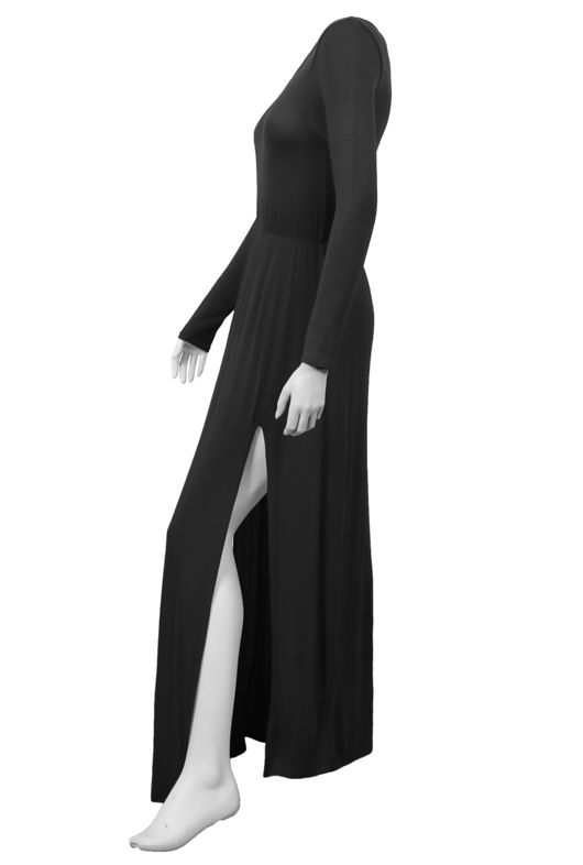 Black Laser Print Long Sleeved Front Slits Maxi Dress