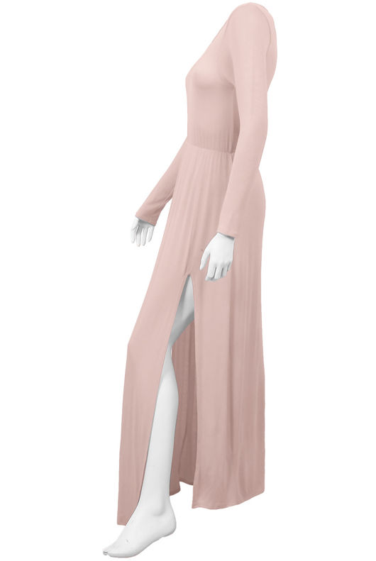 Rose Laser Print Long Sleeved Front Slits Maxi Dress