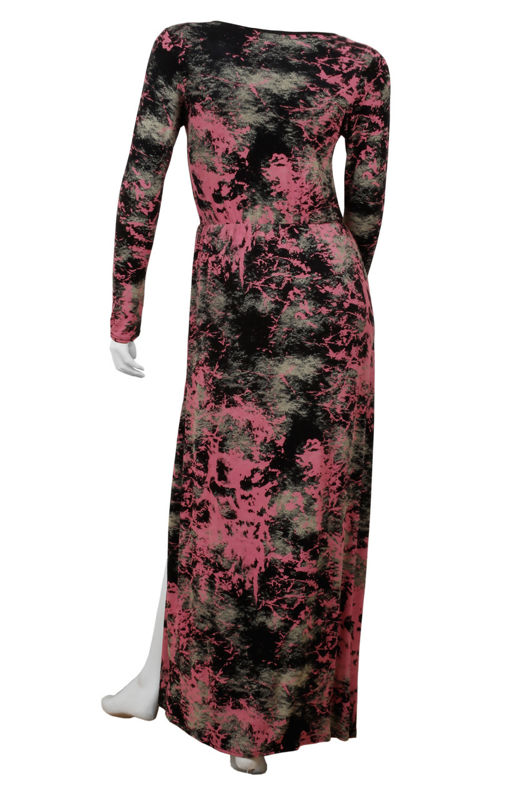 Coral Laser Print Long Sleeved Front Slits Maxi Dress