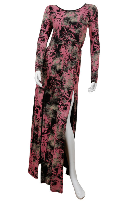 Coral Laser Print Long Sleeved Front Slits Maxi Dress