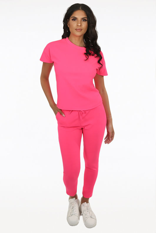 Fuchsia Short Sleeves Round Neck Loungewear Set 