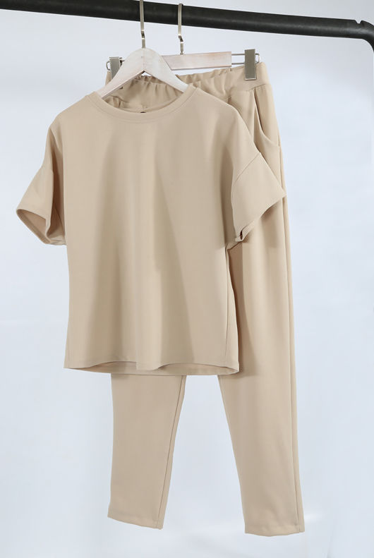 Beige Short Sleeves Round Neck Loungewear Set