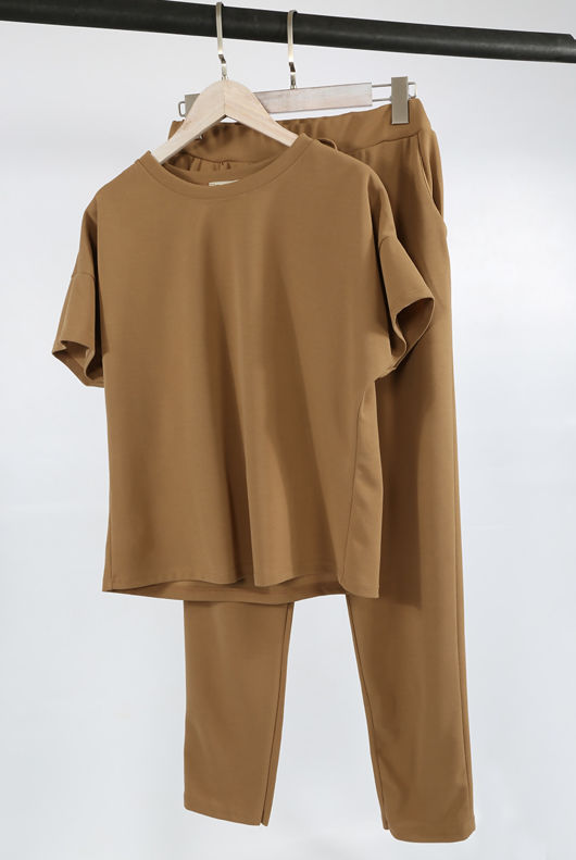 Camel Short Sleeves Round Neck Loungewear Set