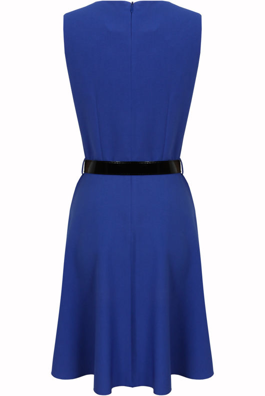 Blue Front Ruched Belted Skater Dress