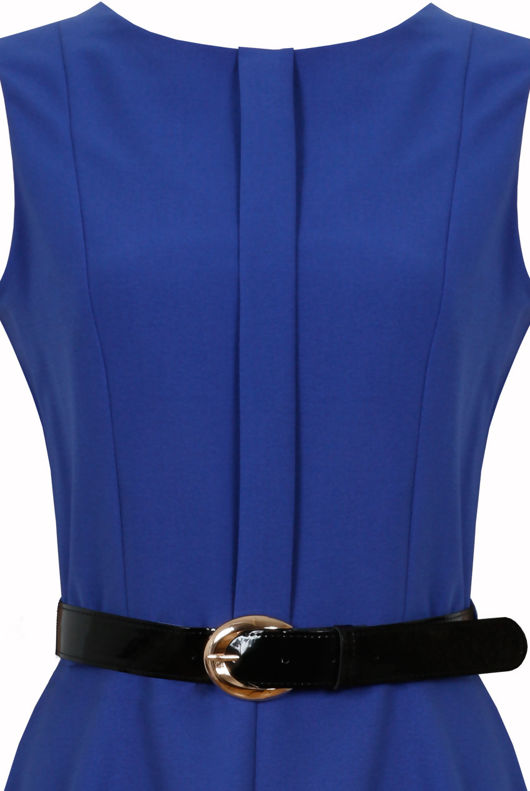 Blue Front Ruched Belted Skater Dress