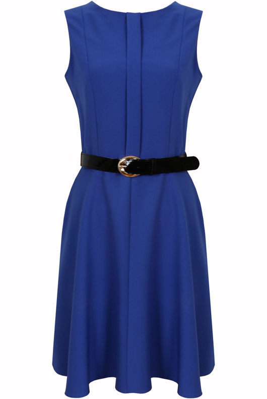 Blue Front Ruched Belted Skater Dress
