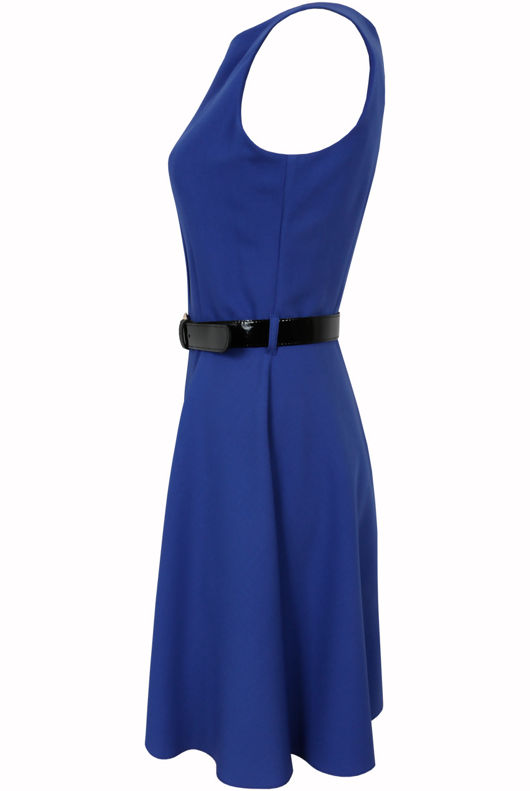 Blue Front Ruched Belted Skater Dress
