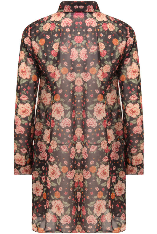 Red Flower Print Long Sleeve Swing Shirt Dress