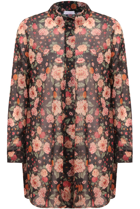 Red Flower Print Long Sleeve Swing Shirt Dress