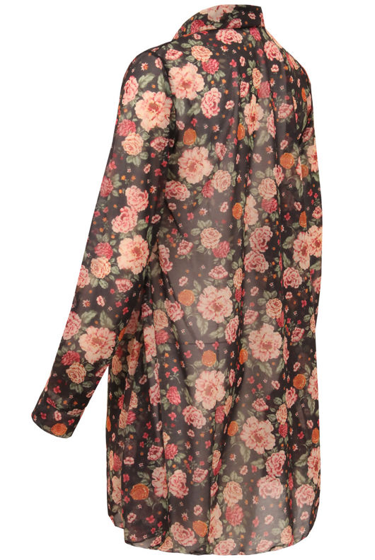 Red Flower Print Long Sleeve Swing Shirt Dress