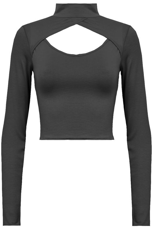 Black Front Open Polo Neck Crop Top