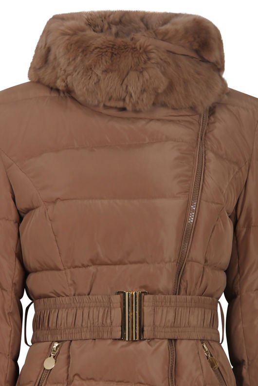 Camel Bubble Layered Fur Collar Jacket
