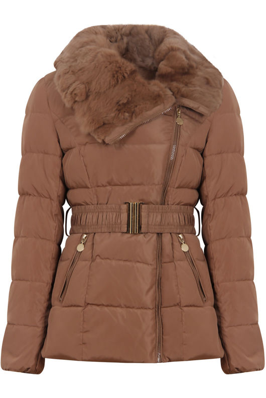 Camel Bubble Layered Fur Collar Jacket