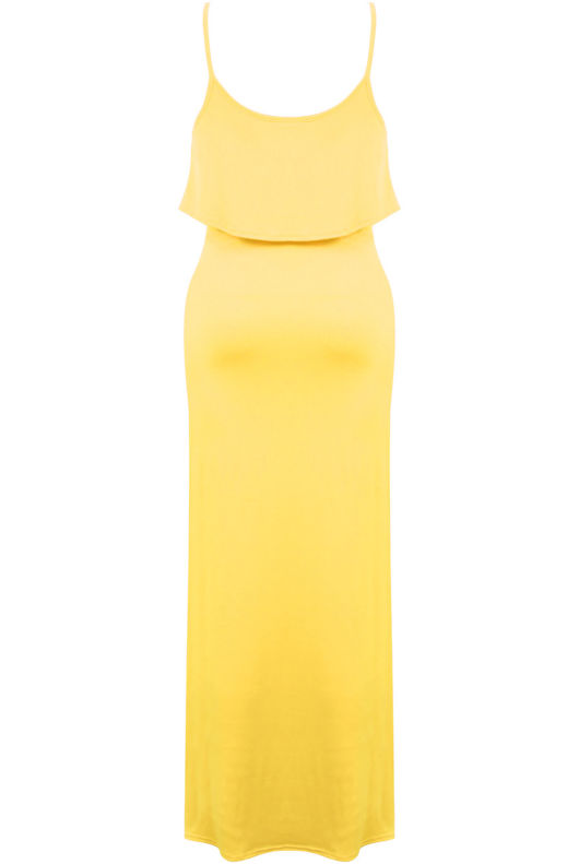 Soft Stretch Yellow Strappy Frill Top Maxi Dress 