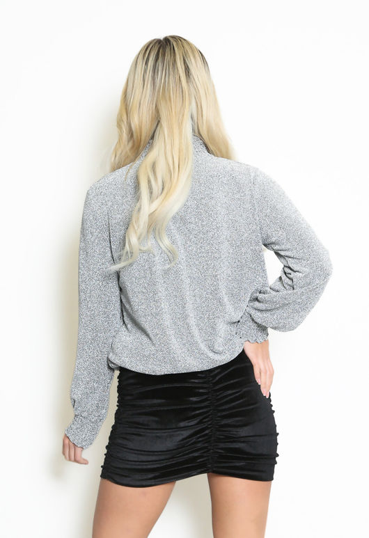 Grey Lurex Gather Neck Blouse