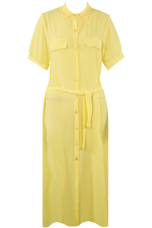 Yellow Short Sleeve Belted Shirt Dress