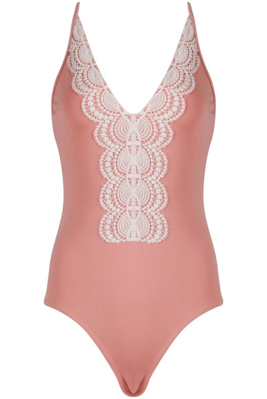 Cream Lace Border Plunge Neck Swimsuits In Rose