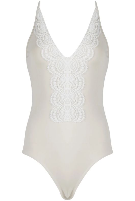 Cream Lace Border Plunge Neck Swimsuits In Cream