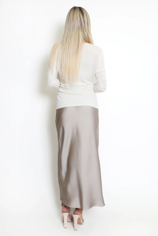 Beige Satin High Waist A-Line Maxi Skirt