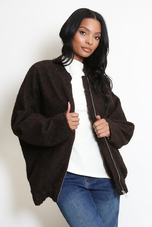 Brown Wool Look Bomber Jacket