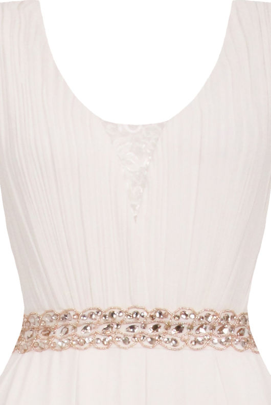 White Front Lace Pleated Trimming Back Zip Up Maxi Dress 