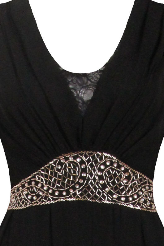 Black Front Lace Pleated Trimming Back Tie Up Maxi Dress