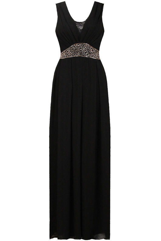 Black Front Lace Pleated Trimming Back Tie Up Maxi Dress