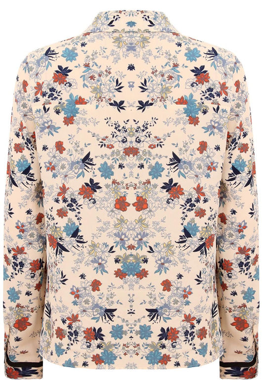 Beige Floral Print Pussybow Shirt