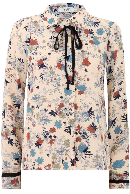 Beige Floral Print Pussybow Shirt