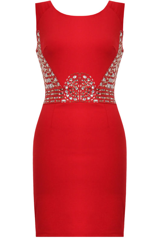 Red Gem Trim Tight Fitting Evening Dress