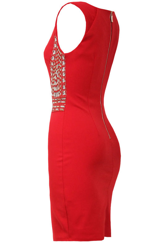 Red Gem Trim Tight Fitting Evening Dress