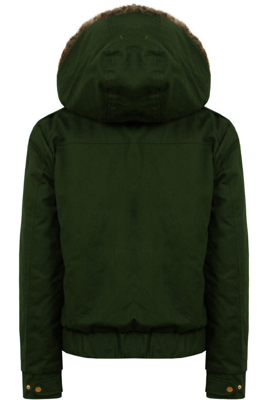 Khaki Fur Hooded Side Pocket Bomber Jacket