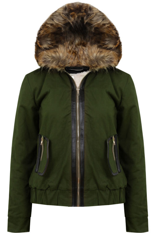 Khaki Fur Hooded Side Pocket Bomber Jacket