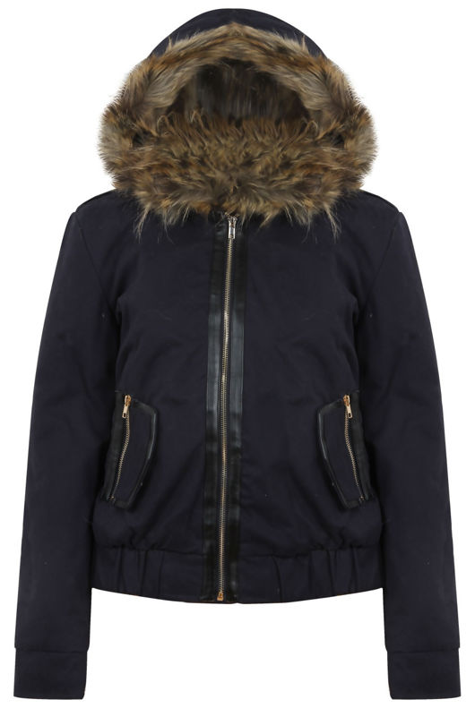  Fur Hooded Side Pocket Navy Bomber Jacket