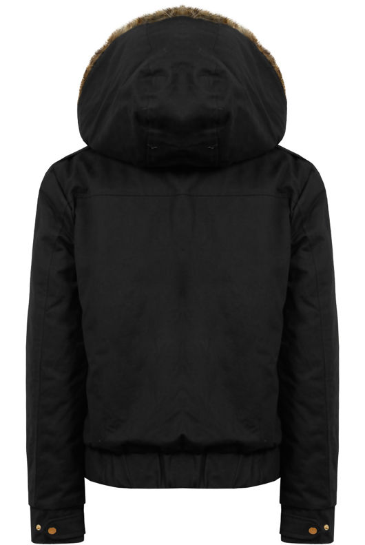 Black Fur Hooded Side Pocket Bomber Jacket