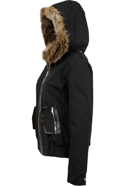 Black Fur Hooded Side Pocket Bomber Jacket