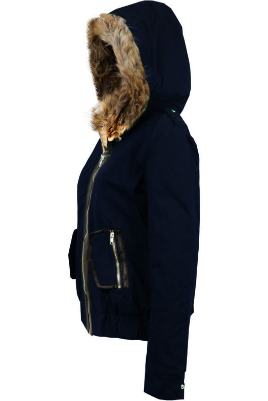  Fur Hooded Side Pocket Navy Bomber Jacket