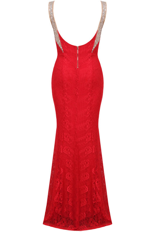 Red Premium Diamante Detail Lace Maxi Dress