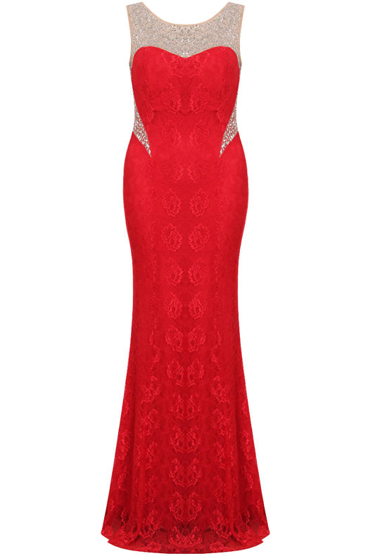 Red Premium Diamante Detail Lace Maxi Dress