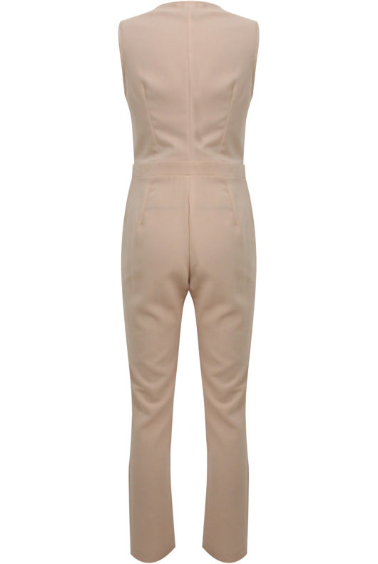 Contrast Lapel Jumpsuit In Beige