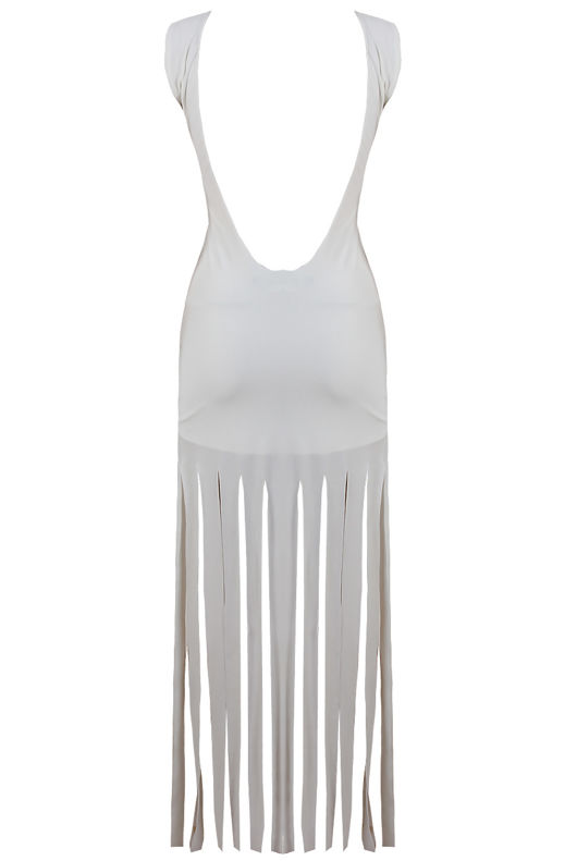  Cream Fringe Detail Open Back Maxi Dress