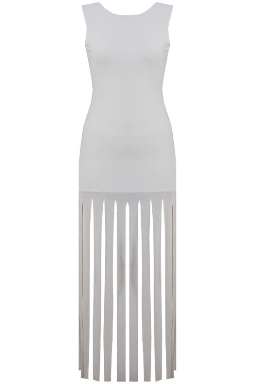  Cream Fringe Detail Open Back Maxi Dress