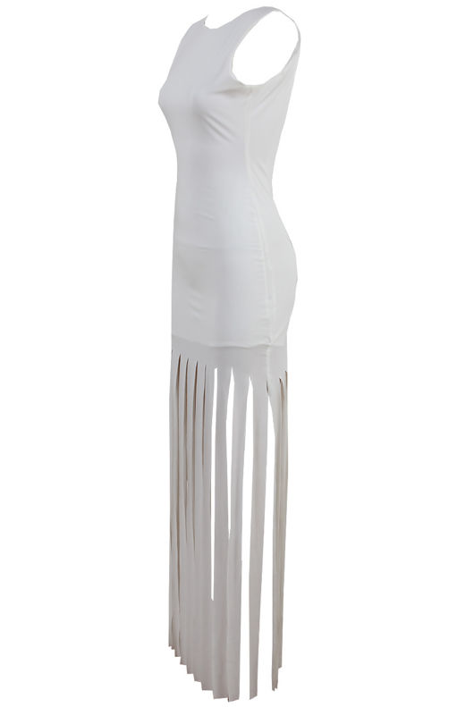  Cream Fringe Detail Open Back Maxi Dress
