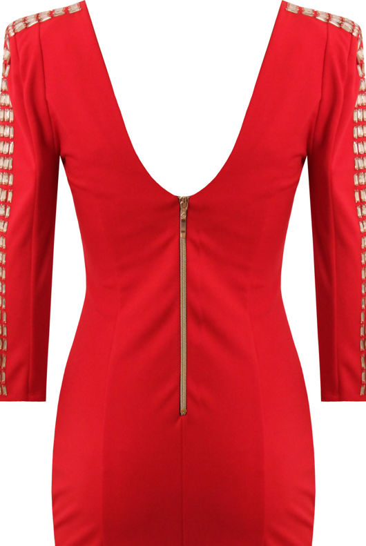 Jewel Embellished Long Sleeve Red Bodycon Dress
