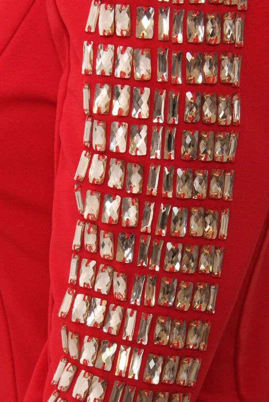 Jewel Embellished Long Sleeve Red Bodycon Dress