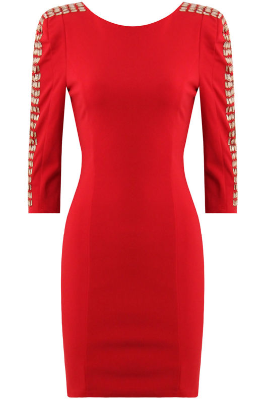 Jewel Embellished Long Sleeve Red Bodycon Dress